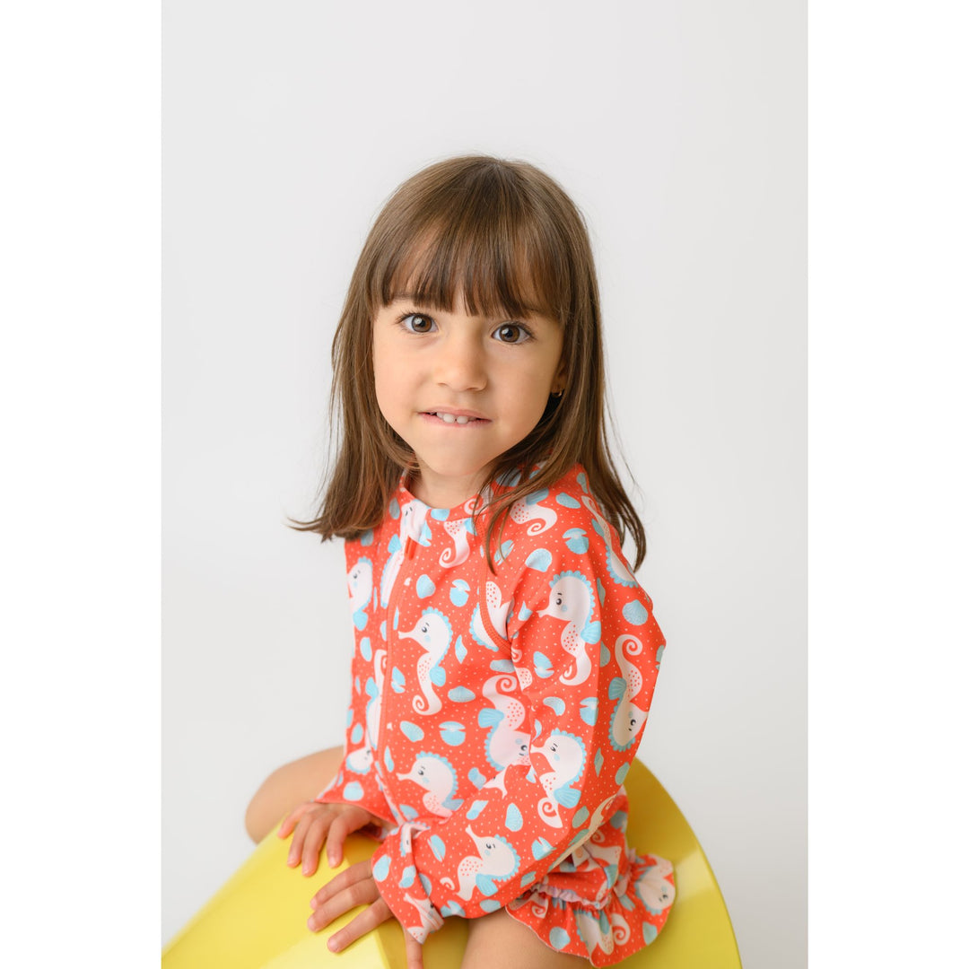 Baby/Toddler Girls Rash Guard One Piece Ruffled Swimsuit - Sally the Seahorse