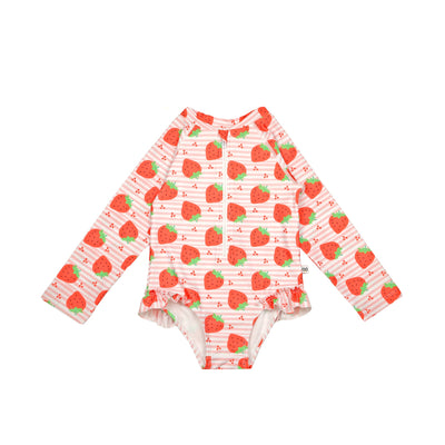 Baby/Toddler Girls Rash Guard One Piece Ruffled Swimsuit - Strawberry