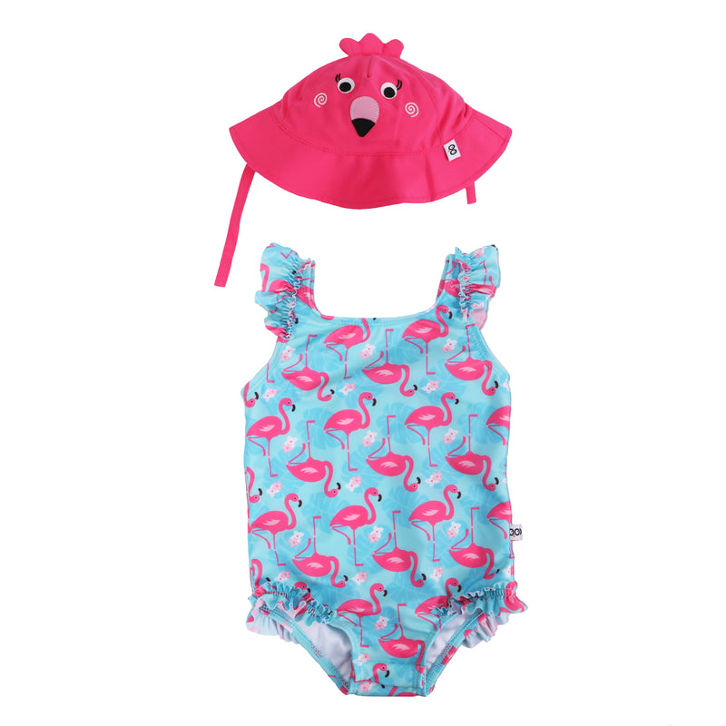 Baby Ruffled Swimsuit & Sunhat Set - Flamingo