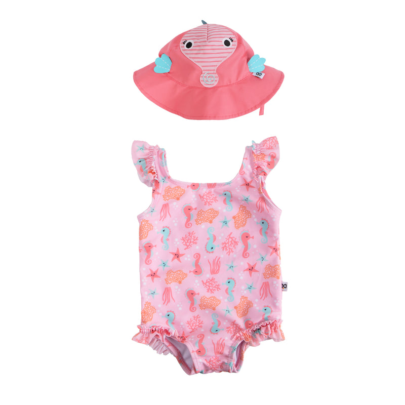 Baby Ruffled Swimsuit & Sunhat Set - Seahorse