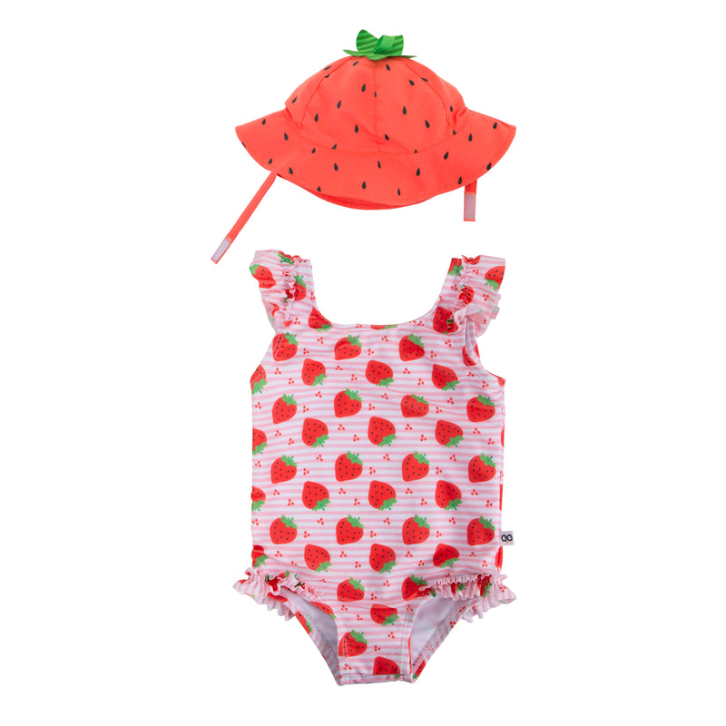 Baby Ruffled Swimsuit & Sunhat Set - Strawberry