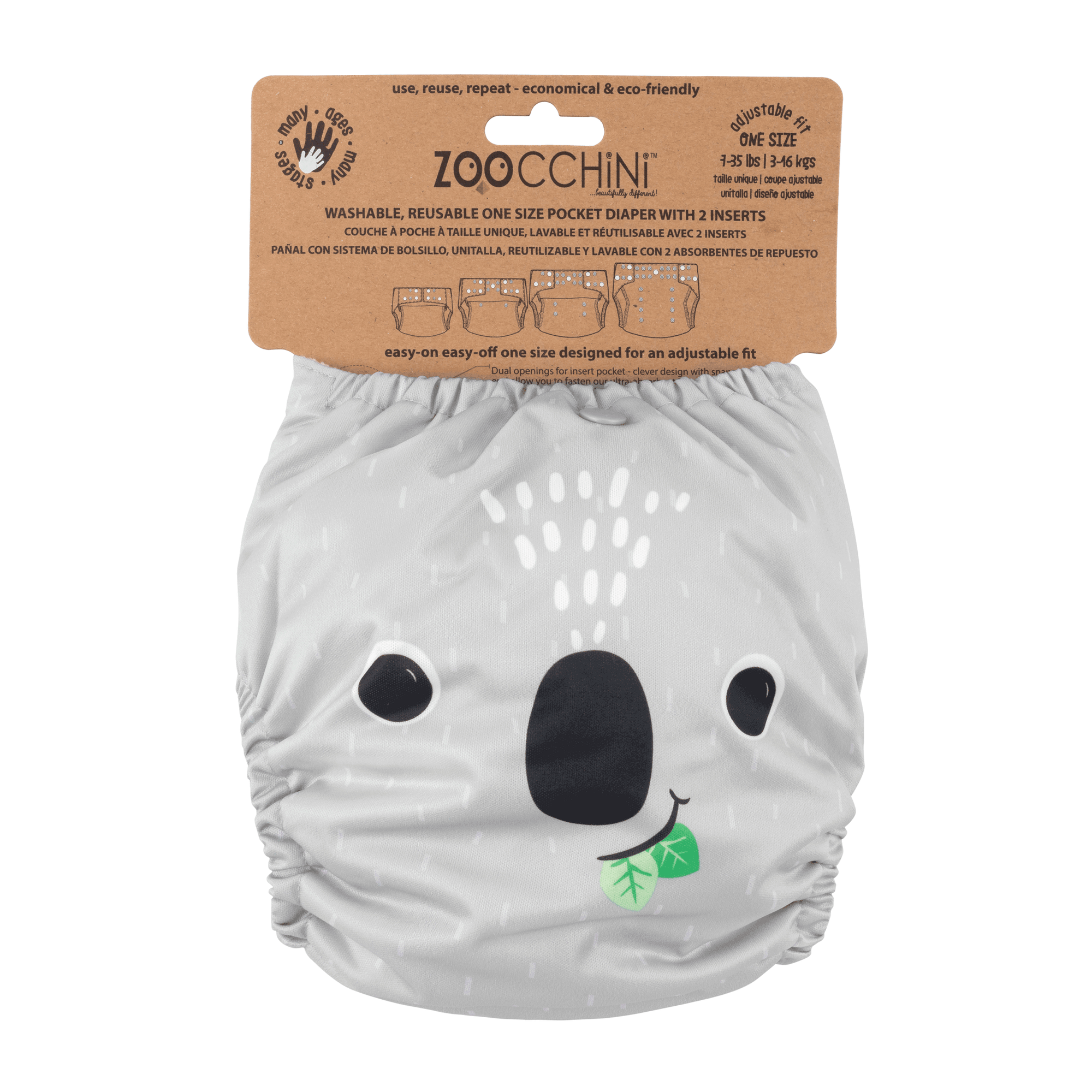 Baby/Toddler Reusable Cloth Pocket Diaper (+2 Inserts) - Kai the Koala