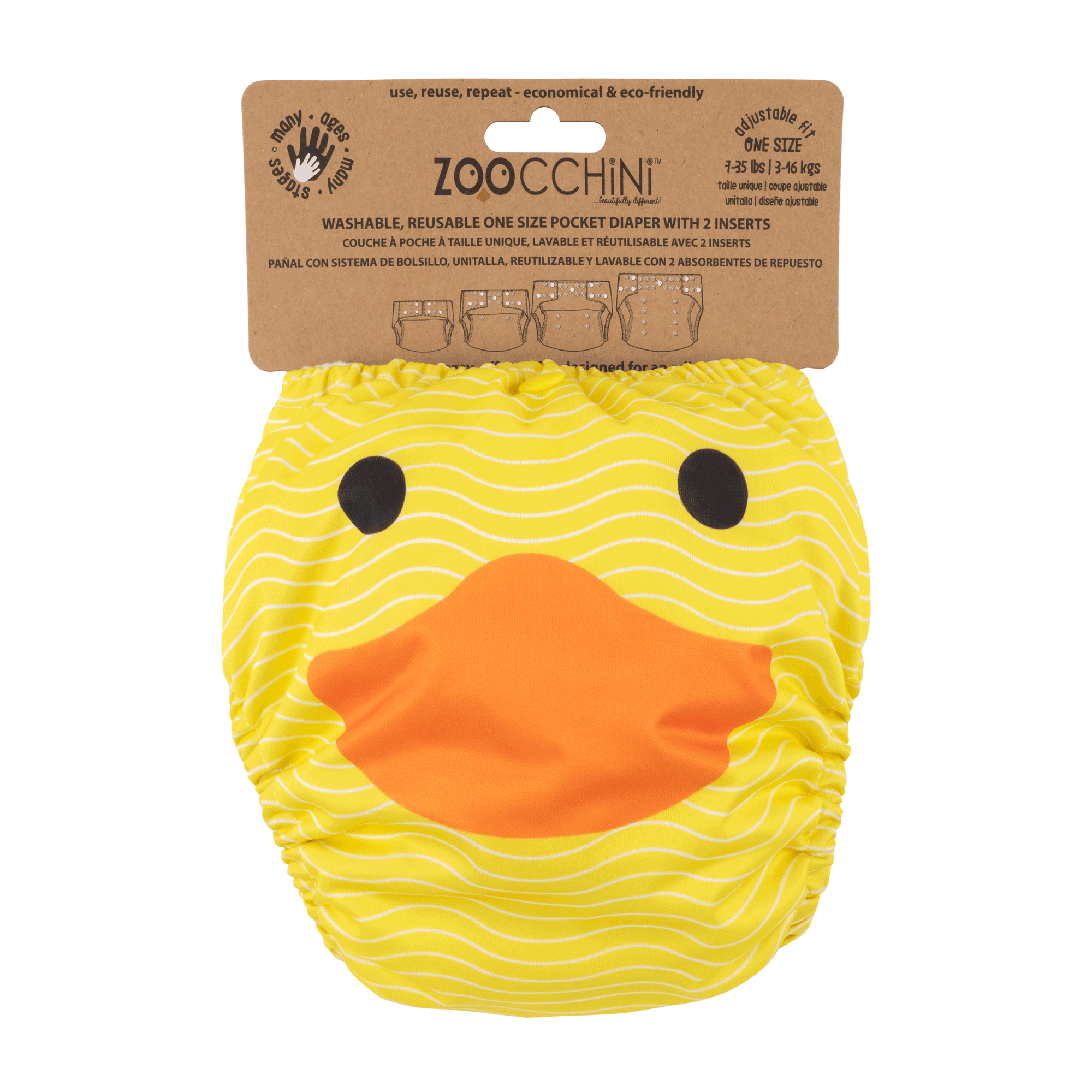 Baby/Toddler Reusable Cloth Pocket Diaper (+2 Inserts) - Puddles the Duck