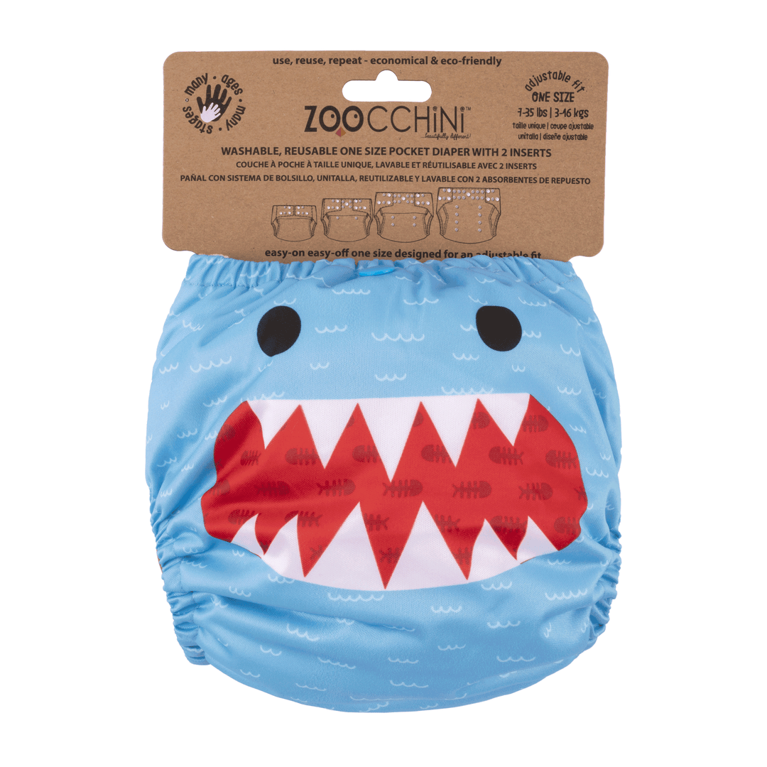 Baby/Toddler Reusable Cloth Pocket Diaper (+2 Inserts) Sherman the Shark