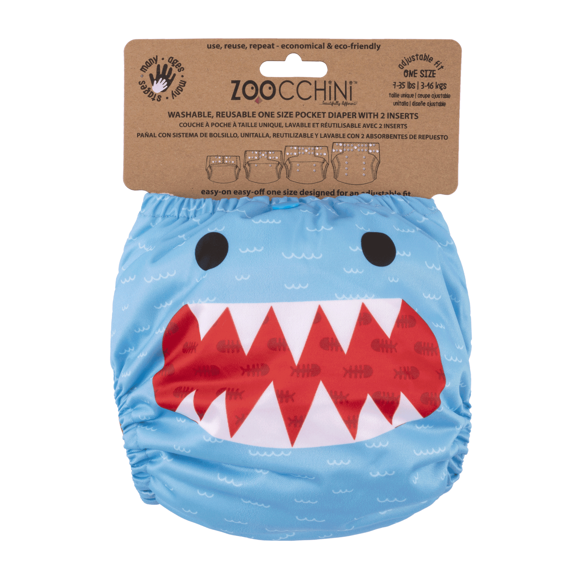 Baby/Toddler Reusable Cloth Pocket Diaper (+2 Inserts) - Sherman the Shark